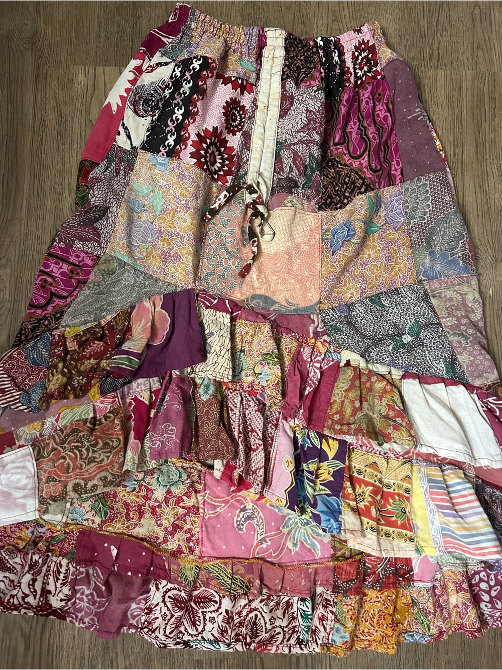Patchwork Boho Maxi Skirt in Mixed Pinks and Purple Accents